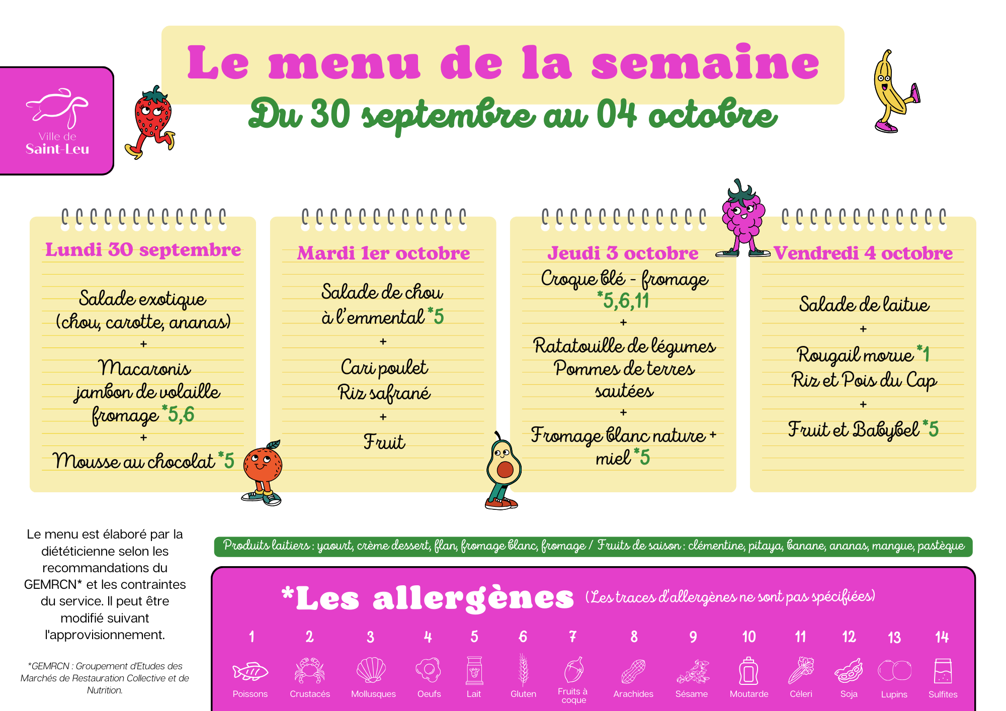 Menu de la cantine du 30 septembre au 04 octobre