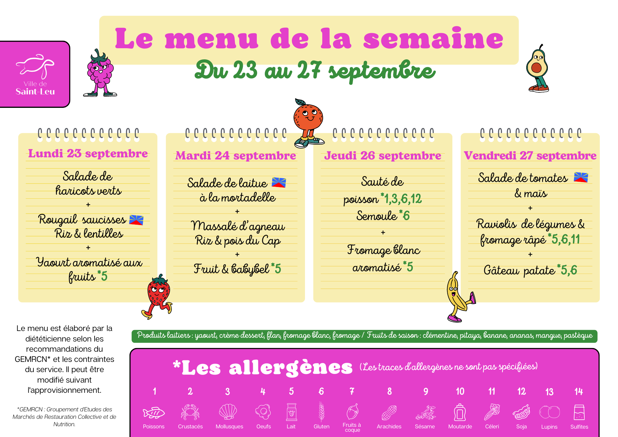 Restauration scolaire : menu du 23 au 27 septembre