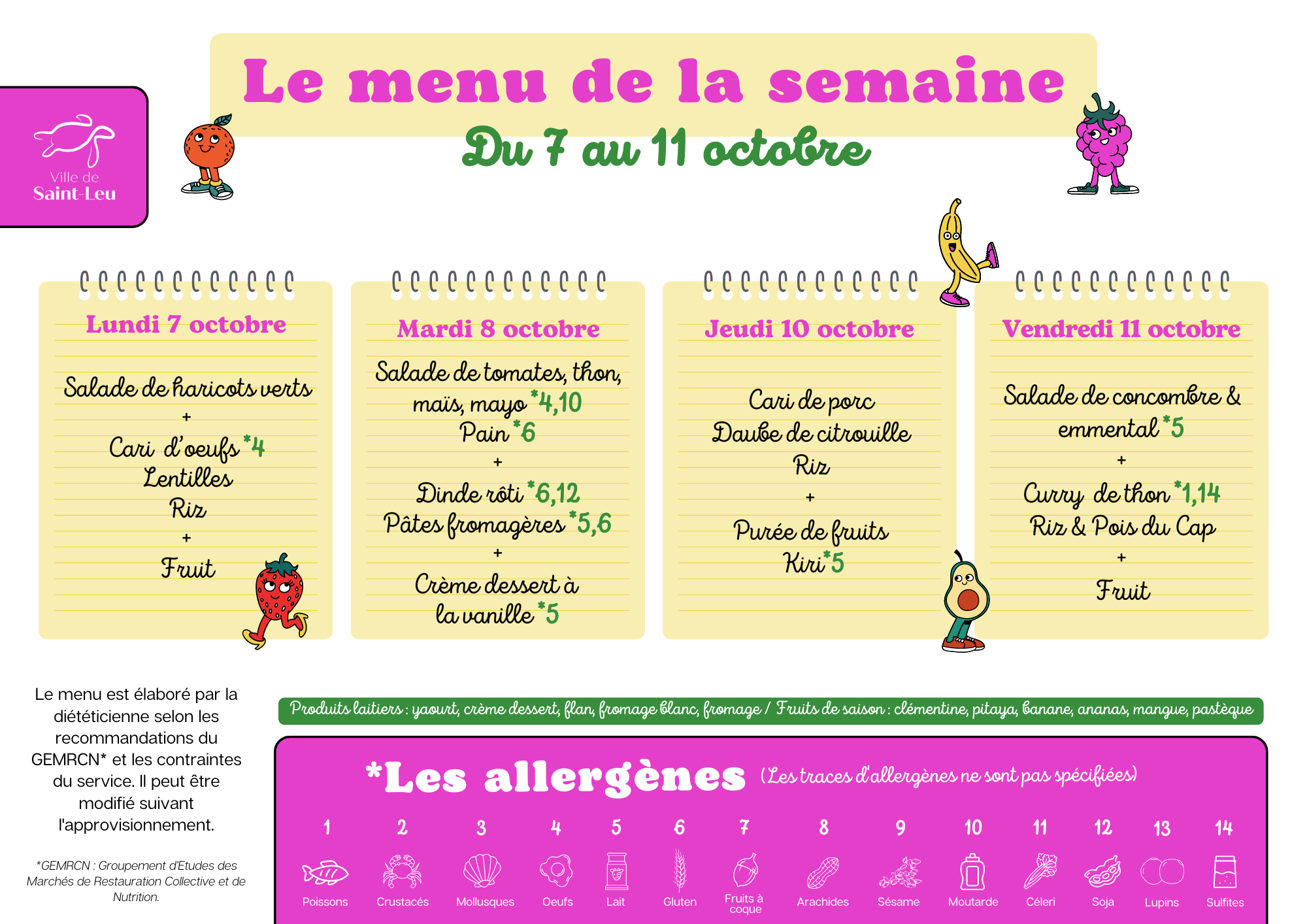 Restauration scolaire : menu du 7 au 11 octobre 2024