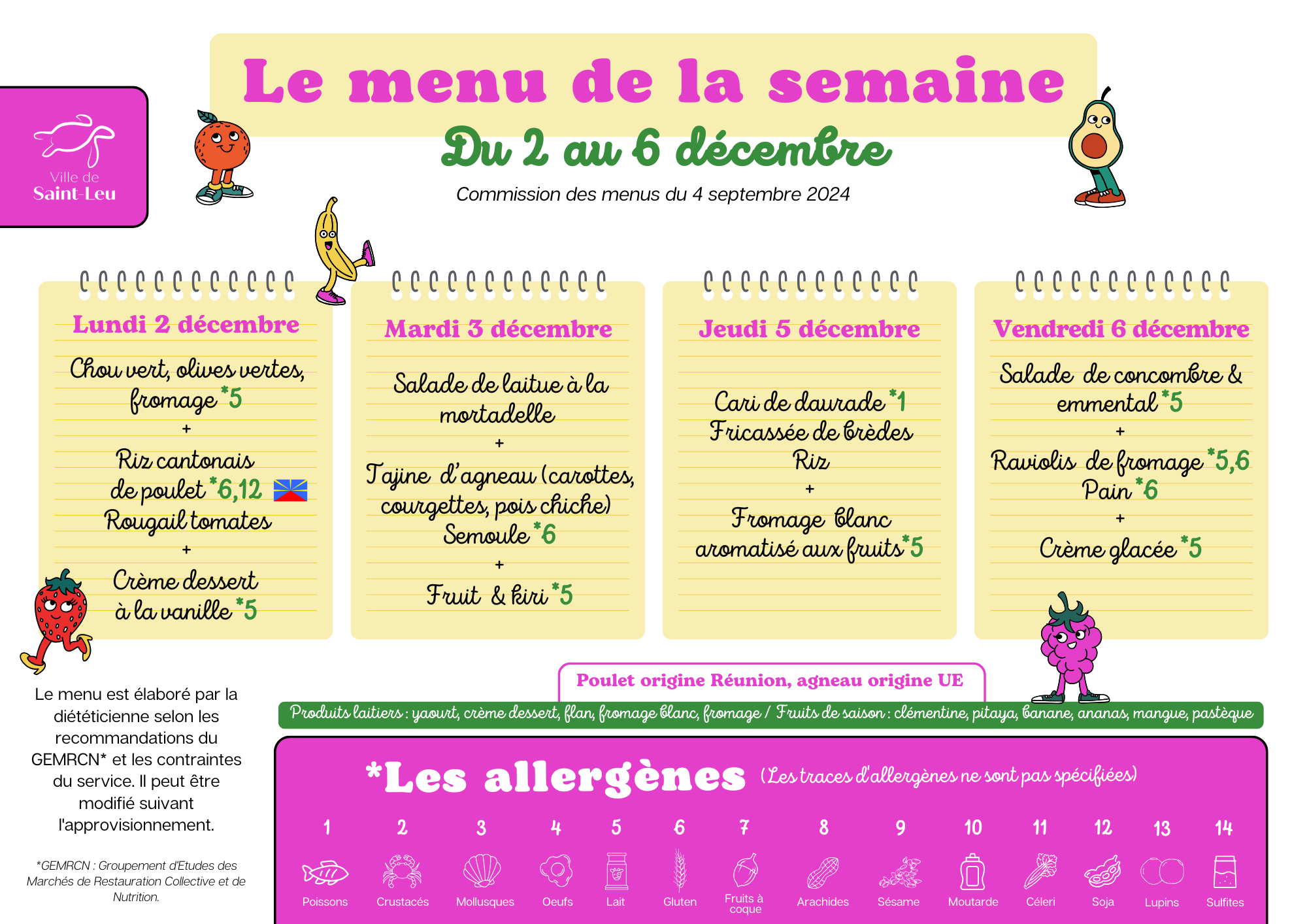 Restauration scolaire : menu du 2 au 6 décembre