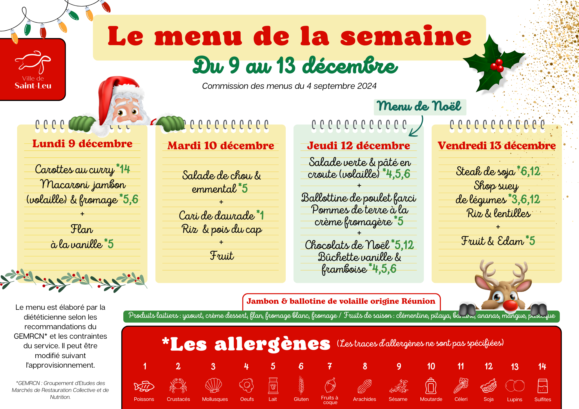 Restauration scolaire : menu du 9 au 13 décembre 2024