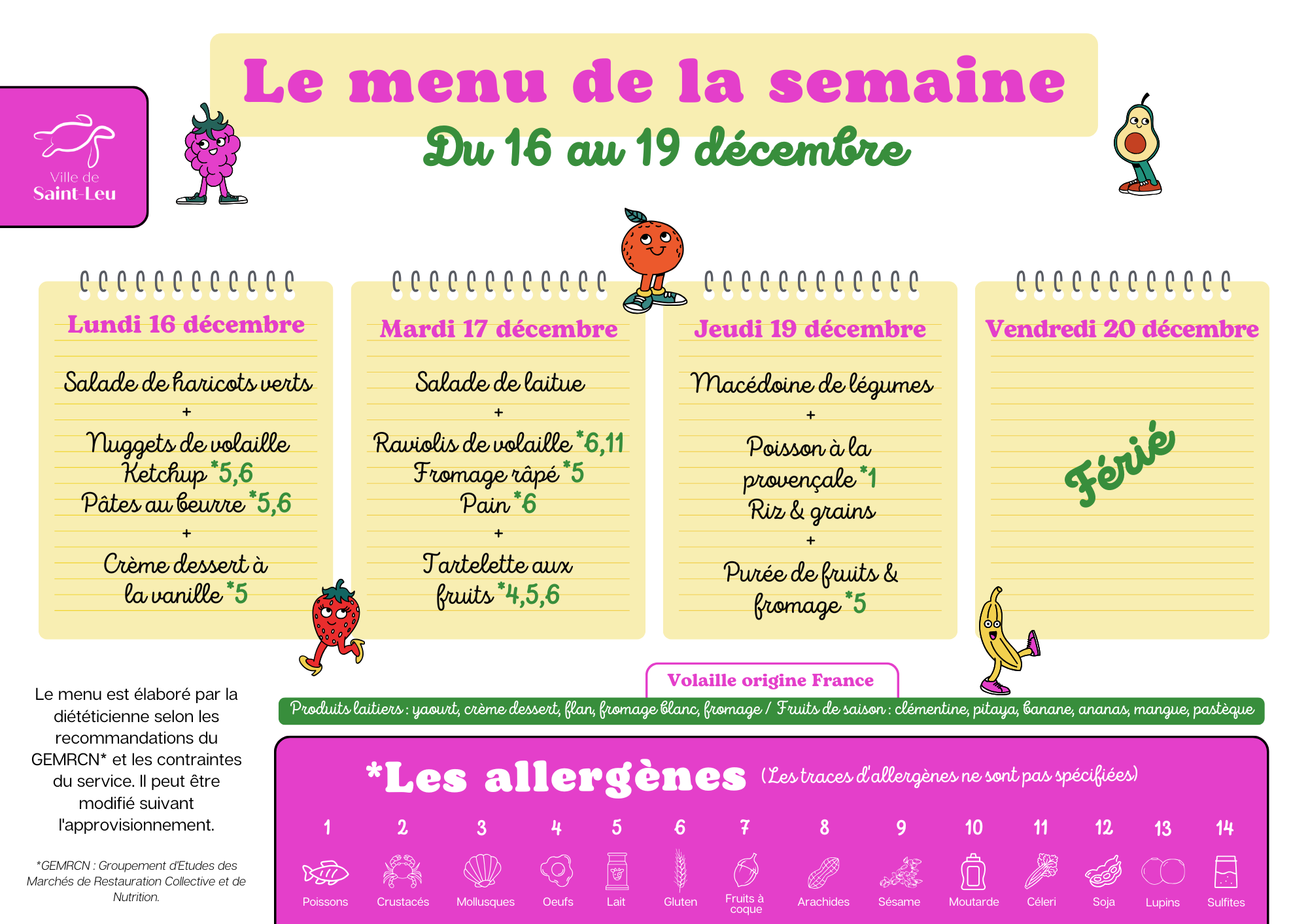 Restauration scolaire : menu du 16 au 19 décembre 2024